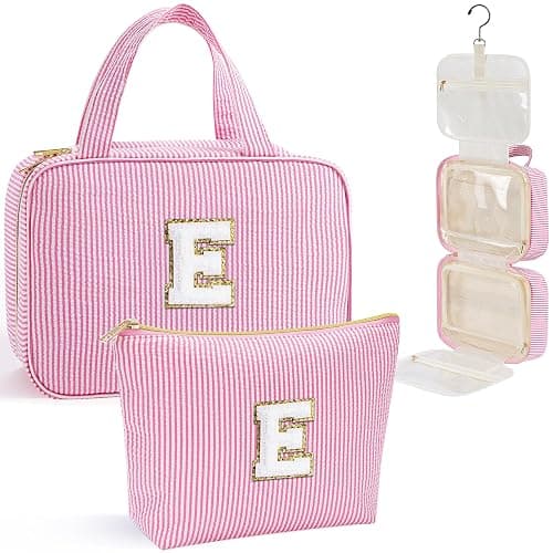YOOLIFE Stocking Stuffers for Teen Girls Gifts Trendy Stuff - Hanging Initial Toiletry Bag for Women Teen Girls, Gifts for Mom Daughter Sister Friends, Letter E, Pink - Image 1