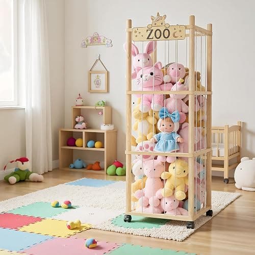 Stuffed Animal Storage Zoo Tower,56In Wooden Large Stuffed Animal Holder Organizer with Wheels,Stuffy Plushies Storage with Elastic Band&Mesh Bottom,Toy Storage Organizers for Playroom Bedroom Nursery thumbnail 5