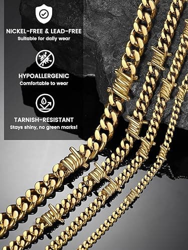 Bestyle Barbed Wire Necklace 5/7/9/12mm Mens Chain Necklaces Hip-hop Punk Gothic Stainless Steel Chain Heavy Thick Cuban Link Chain for Men Women, Length 16/18/20 Inch thumbnail 2