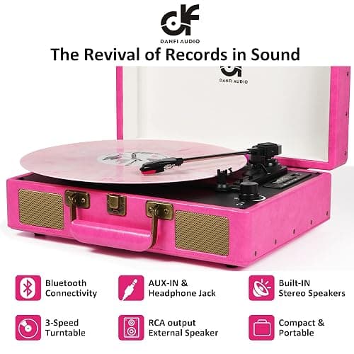 Vintage Bluetooth Suitcase Record Player with Built-in Speakers, 3 Speed Portable Turntable with USB Vinyl Audio Recorder RCA AUX-in & Headphone Jack (Pink) thumbnail 7