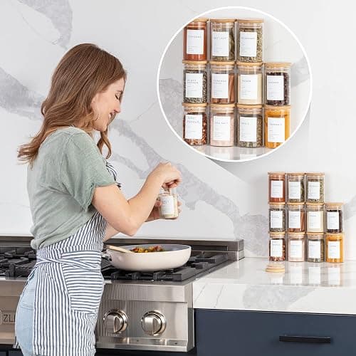 Bloomondo Empty Spice Jars with Label Pack (12x Bamboo Lid Glass Jar). Small 6oz Spice Storage Bottles with 112 Printed Stickers and 48 Writable Pantry Labels for Seasoning Containers thumbnail 5
