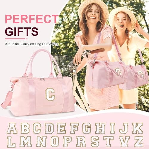 Birthday Gifts for Daughter,Initial Travel Duffel Bag for Teen Girls,Personalized Weekender Bag Cute Overnight Carry on Duffle Bags for Girl Women Gifts with Adjustable Strap(pink-C) - pink-chenille - letter-C thumbnail 6