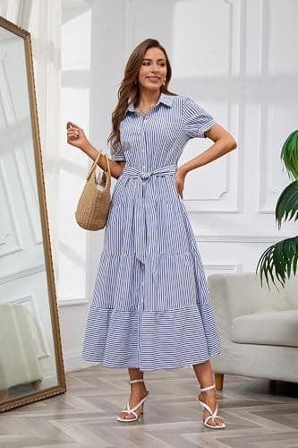utcoco Womens Casual Short Sleeve Button Down Tie Waist Ruffled Striped Maxi Shirt Dress thumbnail 5