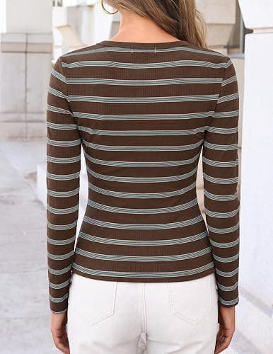 ZESICA Womens Striped Fall Long Sleeve Cute Shirt Dressy Work Going Out Top | Ribbed Knit Basic Tees, Business Casual Outfits, Dressy Blouse, Y2K Streetwear, Date Holiday Clothes, Fall Winter Fashion thumbnail 5