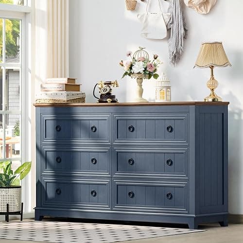 Joaxswe 6 Drawers Dresser for Bedroom, Farmhouse 54 Inch Wide Wood Dresser Chest of Drawers, Vintage Design TV Stand, Rustic Storage Dressers Organizer for Bedroom, Living Room, Hallway - Navy Blue thumbnail 3