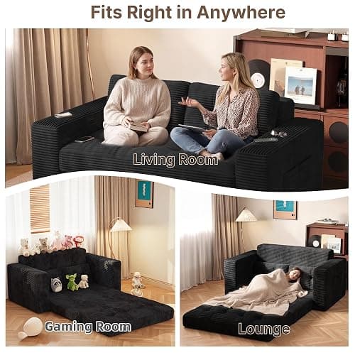 Gizoon Convertible Loveseat Sleeper Sofa Bed, 59'' Folding Floor Couch with Pillows & Memory Foam Sofa for Small Spaces, Corduroy Pull Out Couch for Apartment Living Room, Black thumbnail 3
