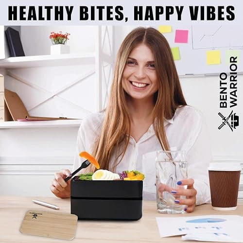 Bento Box Adult Lunch Box Set with Compartments – Stackable Dual-Layer Lunch Containers for Men & Women, Lightweight & Durable, Black Base & Wood Grain Lid, for Work, School, Travel, Meal & Prep thumbnail 7