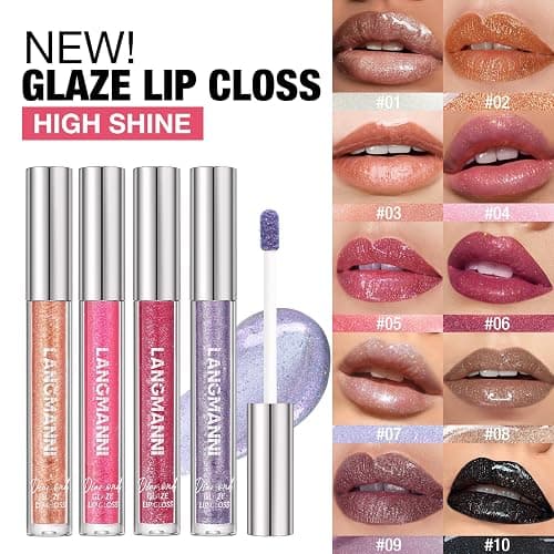 LANGMANNI 10 Colors Diamond Glitter Lip Gloss Set,Long Lasting High Shine Shimmer Liquid Lipstick Set,Hydrating,Moisturizing Lip Gloss Kit Gift Makeup For Girls thumbnail 2