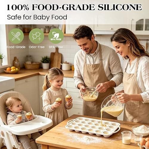 AOTASO 2 Pcs Silicone Muffin Pans for Baking, Cream | Regular 12 Cup and Mini 24 Cup, with Metal Reinforced Frame, Silicone Cupcake Mold, BPA Free thumbnail 6