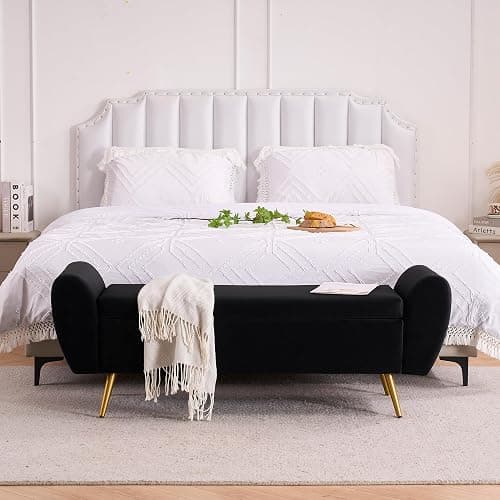 56" Storage Bench for Bedroom King Size Bed, Gold Legs, Velvet Black | Long Ottoman, Modern End of Bed Bench, with Arm, Upholstered, For Bedroom/Living Room/Window/Entryway - Image 1
