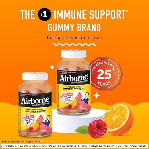 Airborne 750mg Vitamin C Gummies for Adults, Immune Support Gummies with Powerful Antioxidants VIT C & E, Caffeine Free - 2x63ct Bottle (42 Servings), Assorted Fruit Flavor thumbnail 2