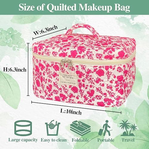 WYJ Rose Red Large Quilted Floral Makeup Bag Cute Soft Coquette Aesthetic Cosmetic Bag Cotton Travel Toiletry Bag for Women thumbnail 3