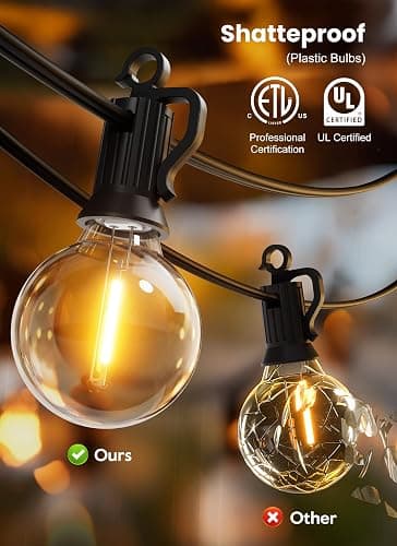 Brightown Outdoor String Lights, 25FT 12 G40 Bulbs Shatterproof Patio Lights, IP65 Waterproof Dimmable Hanging Connectable Globe LED Outdoor Lights for Backyard, Bistro, Porch, Deck, Balcony thumbnail 7