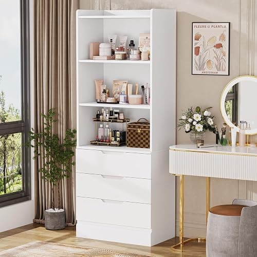 DICTAC 73.23'' Tall Storage Cabinet Bookcase with 3 Drawers and 3-Tier Open Shelves Wooden Bookshelf Kitchen Pantry Storage Organizer Cabinets for Living Room, Study, Kitchen,Bathroom,White thumbnail 9