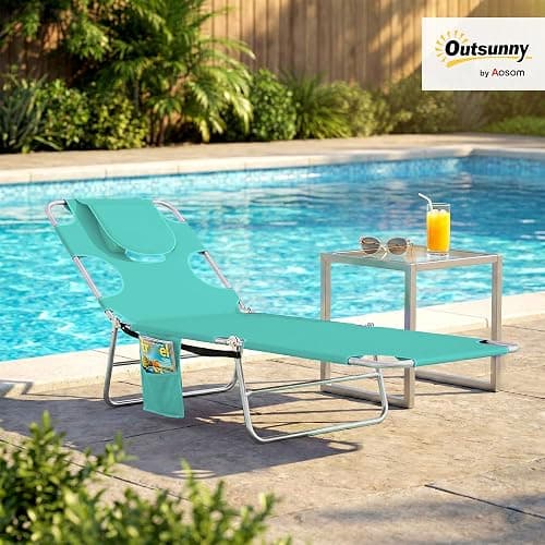 Outsunny Chaise Lounge Chair Outdoor with Face Arm Hole, 5-Position Reclining Face Down Tanning Chair with Carry Strap, Side Pocket, Portable Folding Bed Cot for Patio Beach Pool, Light Green thumbnail 2