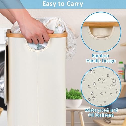 efluky Slim Laundry Hamper with Wheels, Narrow Laundry Basket with Lid and Removable Bag, Aesthetic Dirty Clothes Hamper on Wheels for Laundry Room, Bedroom, Dorm and Bathroom, 75L Beige thumbnail 5