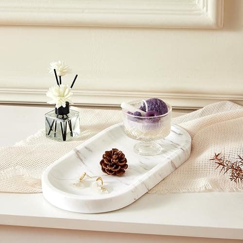 Denique Natural Marble Bathroom Tray, 12"x6" Vanity Tray White Marble Decorative Tray, Countertop Organizer for Perfume & Candles, Jewelry Dish Ring Holder for Bathroom Counter, Vanity, Dresser thumbnail 3