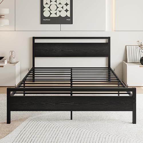 HOJINLINERO Queen Bed Frame with Wood Headboard,Metal Platform Bed Frame Queen Size with Storage No Box Spring Needed,Heavy Duty Queen Size Bed Frame Metal Slats Support Mattress Base No Noise,Black thumbnail 7
