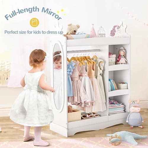 Curipeer Kids Dress up Storage with Mirror, Kids Wardrobe with 3 Hooks, Kids Closet for Girls Boys, Open Hanging Armoire Costume Organizer for Bedroom, Preschool, Classroom, White thumbnail 3