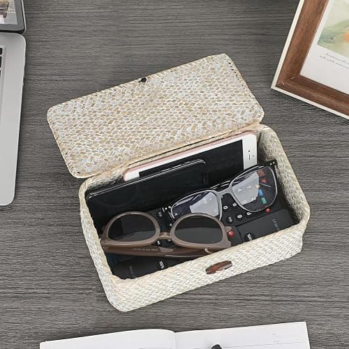 Sumnacon Wicker Basket with Lid,Tampon Holder for Bathroom,Whitewash,XS | Natural Seagrass Female Product Organizer for Toiletries Pad Tampon Storage,Farmhouse Woven Baskets for Shelf, Toilet Tank thumbnail 5