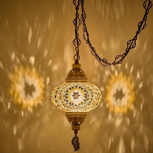 DEMMEX Plug-in Turkish Moroccan Mosaic Hanging Pendant Ceiling Light – Swag Lamp Fixture with 15ft Cord & Chain, Handcrafted Glass, Vintage Tiffany Style, Mediterranean Exotic Decor, Amber Brown | Handcrafted Glass, Mosaic, Exotic Decor, 15ft Cord & Chain, Plug-in thumbnail 2
