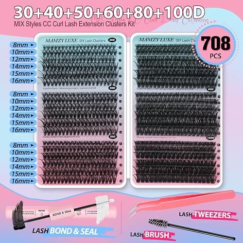 Lash Clusters Kit 708Pcs Individual Cluster Lash Extensions Kit 30D+40D+50D+60D+80D+100D Wispy Eyelash Clusters with Lash Bond and Seal and Tweezers 10-16mm 6 Styles Mix Lashes Clusters Kit thumbnail 2