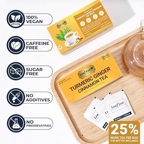 LeafLea 40 Turmeric Ginger Cinnamon Tea Bags, 100% Natural Ingredients Herbal Tea, Turmeric Ginger Herbal Blend for Wellness, Vegan, No Sugar, Caffeine-Free, Individually Wrapped for Freshness thumbnail 6