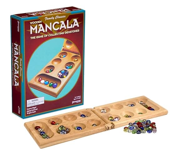 Pressman Mancala Board Game | Fun Classic Table for Adults & Kids | Includes 48 Glass Mancala Stones and Wood Hinged Playing Board | 2 Players, Ages 6+ - Image 1