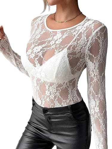 OFEEFAN Womens Mesh Tops Lace Long Sleeve Shirts Crewneck Slim Fitted Outfits See Through Blouses thumbnail 2