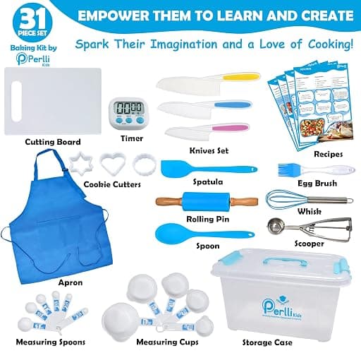 PERLLI Kids Real Cooking Set for Cooking and Baking – 31 Pc. Gift for Junior Chef with Real Utensils, Case & Safe Kids Knife Set for Boys & Girls – Fine Motor Skills & Fun for Children Ages 6+, Blue thumbnail 2