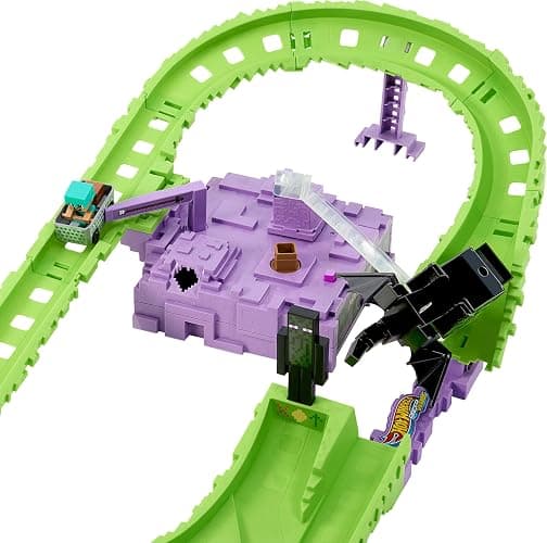 Hot Wheels Toy Car Track Set, RacerVerse Minecraft Playset & Die-Cast Diamond Armor Steve in Minecart Vehicle, Launch & Race to Defeat Ender Dragon thumbnail 4