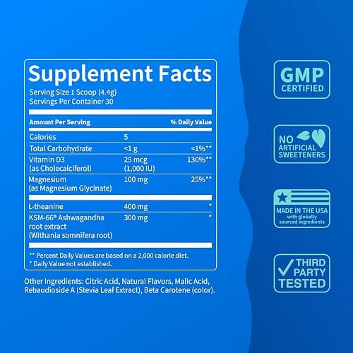 Nello Supercalm Powdered Drink Mix Tub, Cortisol Reducer* and Sleep Aid Supplement, L Theanine, Ksm-66 Ashwagandha, Magnesium Glycinate, Vitamin D 3, No Sugar, Non GMO, 30 Ct, Tropical Tangerine thumbnail 4