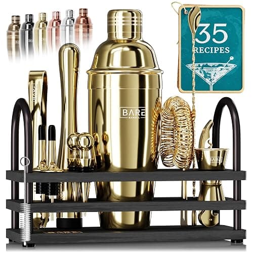 BARE BARREL® Mixology Bartender Kit Bar Set | 14-Piece Cocktail Shaker Set | Martini Barware Mixing Tools for Home Bartending | 35 Recipe Cards | Gift Set (24oz Cobbler Shaker, Gold/Black) - Image 1