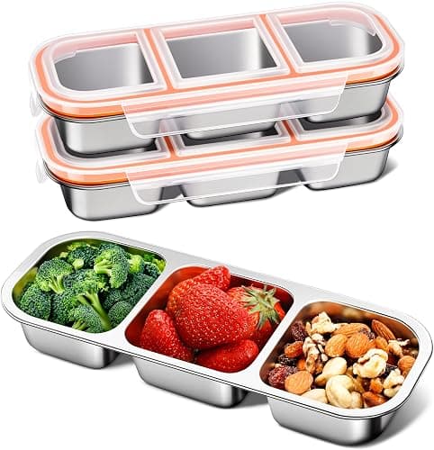 3-Pack Stainless Steel Snack & Lunch Containers for Kids & Adults, 20 oz | 3 Sealed Compartments, Dishwasher-safe, Leak-proof, Stackable, Clear lid, 10.7 in long, For daycare, school, work & travel - Image 1