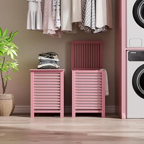 SMIBUY Double Laundry Hamper with Lid, 120L Bamboo Laundry Basket with Removable Liner Bag, 2-Section Clothes Divider Laundry Sorter for Laundry Room, Bathroom, Bedroom (Pink) thumbnail 9