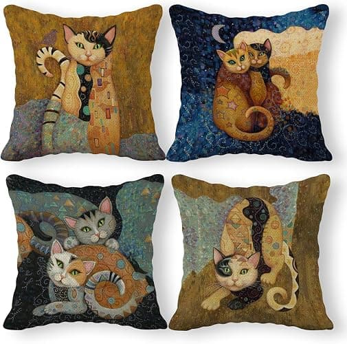 Abstract Linen Throw Pillow Case Set of 4, 20 x 20 Inch, Funny Cat Pillow, Children Room Decor, Cat Theme Room Decor, Cushion Cover for Sofa Couch Bed - Image 1