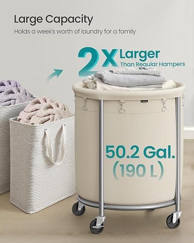 SONGMICS 50.2-Gallon (190 L) Laundry Basket with Wheels, Rolling Round Heavy-Duty Laundry Hamper Cart with Steel Frame and Removable Bag, 2 Locking Wheels, Cream White and Metallic Silver URLS01MZ thumbnail 4