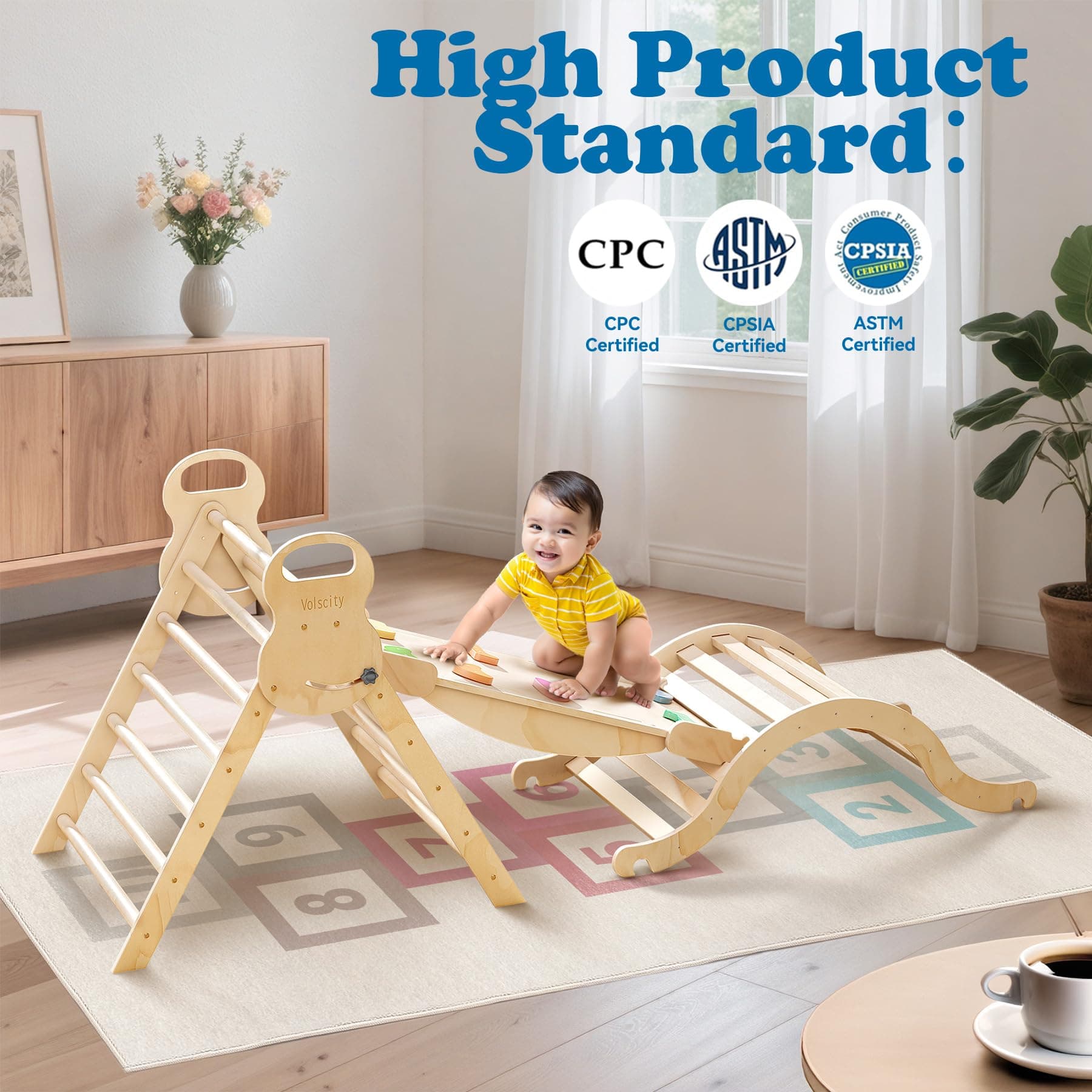 7 in 1 Large Pikler Triangle Set,Foldable Climbing Toys Wooden Montessori Climbing with Sliding Ramp&Arch Rocker for Toddlers,Climber Indoor Playground Set for Kids (Wooden Color) thumbnail 6