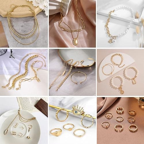 IFKM Gold Plated Jewelry Set for Women,14k Gold Plated Multi Layer Necklaces Stackable Bangle Bracelets Stackable Knuckle Rings Hoop Earrings Set Anniversary Trendy Elegance Charms Anniversary Birthday Jewelry Gift thumbnail 2