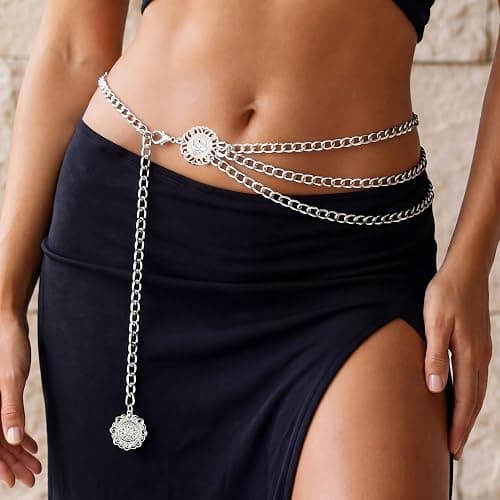 Nackiy Western Chain Belts for Women, Gold/Silver Boho Cowgirl Waist Belt, Sizes 43/47/51in, Dress & Jeans Accessory thumbnail 4