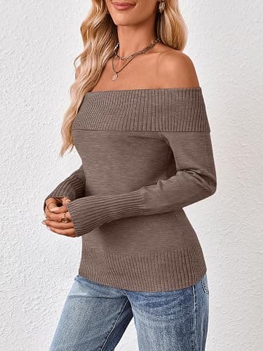 Trendy Queen Off The Shoulder Sweater for Women Cute Fall Going Out Tops Pullover Knit 2025 Sexy Date Night Outfits thumbnail 3
