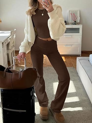ANRABESS Women 2 Piece Outfits Fall Lounge Sets Long Sleeve Cropped Top Fold Over Flare Pants Comfy Pajamas Set Y2K Clothes thumbnail 5