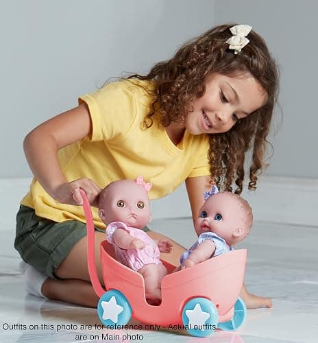 Lil Cutesies TWIN 8.5" All Vinyl Dolls and Stroller Set | Posable and Washable | Removable Outfits |Twin Stroller and Accessory | JC Toys | Ages 2+ , Green thumbnail 2