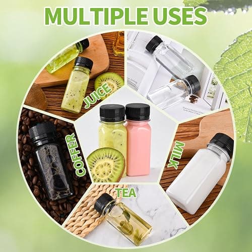12 pcs 2oz Small Plastic Juice Bottles with Lids，Reusable Leak proof Ginger Shots Bottle with Black caps, Wellness Mini Jars Plastic Containers for Smoothie, Water, Milk and Other Beverages thumbnail 6