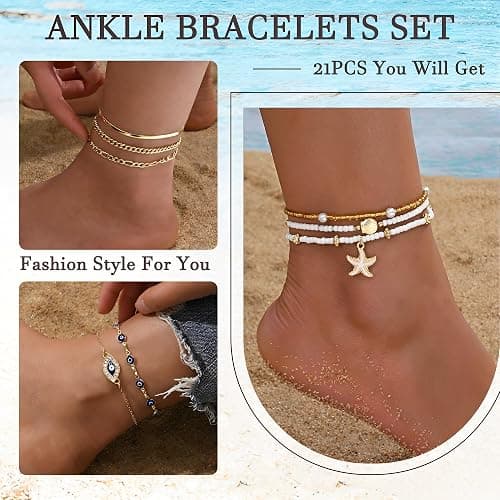 17KM 21PCS Gold Ankle Bracelets for Women, Boho Shell Bead Cuban Link Chain Waterproof Gold Anklets Set, Adjustable Layered Anklets for Women Beach Jewelry Gift thumbnail 2
