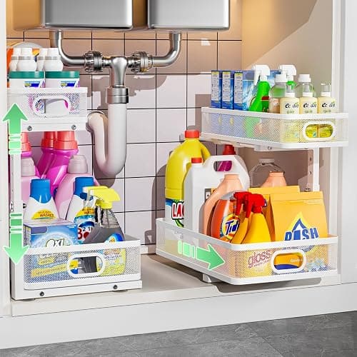 Under Sink Organizer, High Adjustable 2 Tier Under Sink Organizers and Storage, Slide Out Metal Cabinet Organizers, Pull Out Sink Storage Drawer Shelf for Kitchen Bathroom Cabinet, White, 2 Pack - Image 1
