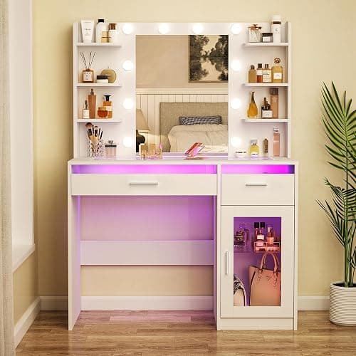 HUAHUU Vanity Desk with Mirror and Lights, Makeup Vanity Desk with Lights 3 Colors, Transparent Top Vanity with 2 RGB Drawers, 6 Shelves, Large Tempered Cabinet, Power Outlet, for Bedroom, White thumbnail 8
