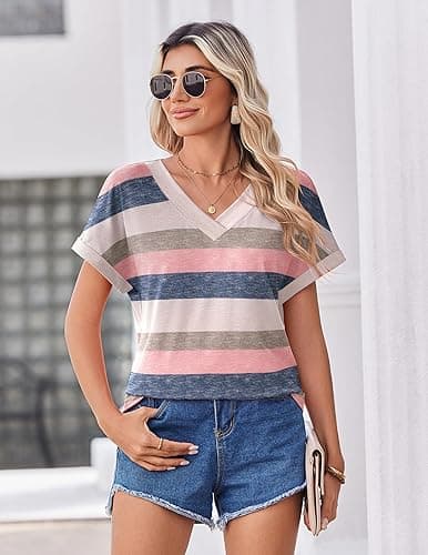 Zeagoo Womens Summer Tops Rolled Short Sleeve V Neck Shirts Casual Dressy Business Work Blouses Outfits thumbnail 5