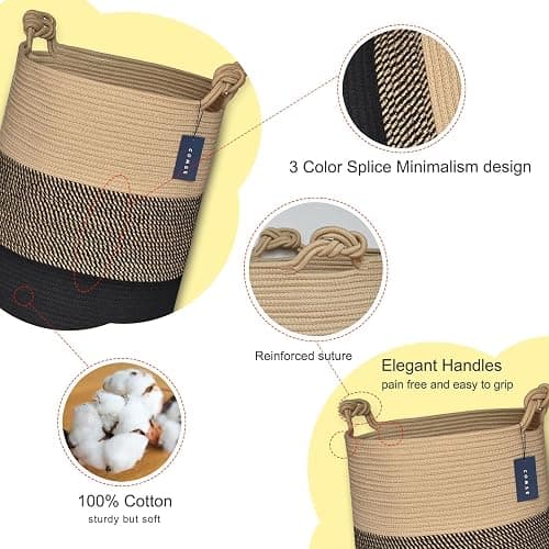 COMSE Extra Large Blanket Basket, Tall Woven Storage Basket, Nursery Hamper, 15.7”x 21.7”, Cotton Rope Laundry Hamper for Toys Clothes Towels, Brown/Black thumbnail 5