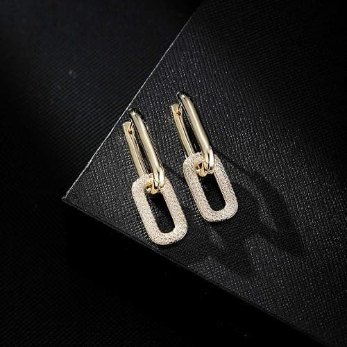 Austrian Crystals Paperclip Drop Earrings for Women 14K Gold Plated Double Huggie Dangle Earrings Hypoallergenic Sparkly Jewelry thumbnail 3